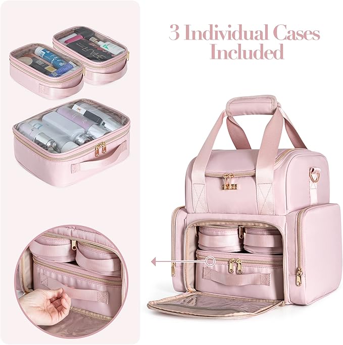 Prokva Large Makeup Cosmetic Bag with 3 Removable Case, Double Layer Travel Makeup Organizer Case with Inner Dividers and Makeup Brushes Storage Section, Pink (Patented Design)