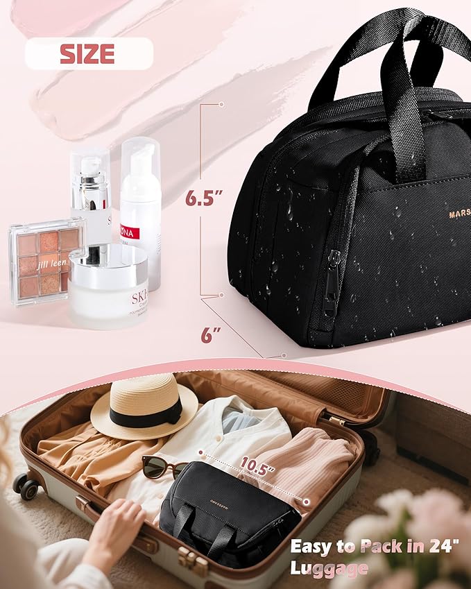 Marscamd Travel Toiletry Bag for Women, Waterproof Makeup & Cosmetic Organizer with Leakproof Pockets for Bathroom or Vanity Use, Black