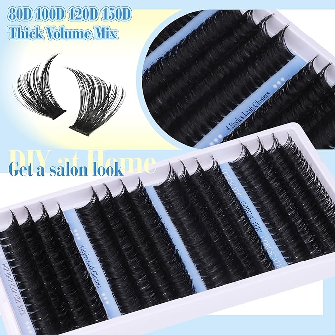 CORUSCATE Lash Clusters Long 14-20mm Eyelash Clusters 80D+100D+120D+150D Volume Cluster Eyelash Extensions Thick 284pcs Individual Lashes Strip Mink Eyelashes DIY Wispy Lash Extension