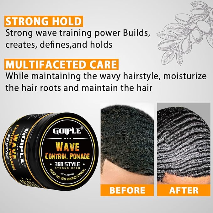 Natural Wave Pomade for Men Strong Hold, Easy Wash 360 Wave Training Hair Cream, Waves Grease for Men Promotes Layered Waves, Moisture, Control and Silky Shine with Rosemary Oil for Hair Growt Set