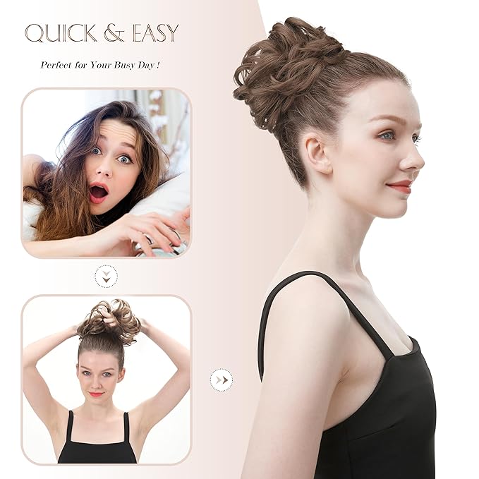 FESHFEN Messy Bun Hair Piece - Wavy Synthetic Chignon Scrunchies for Instant Volume, Elastic Bun Ponytail Hair Extensions Thick Hairpieces for Women, Black Gray and White Tips 1.50 oz