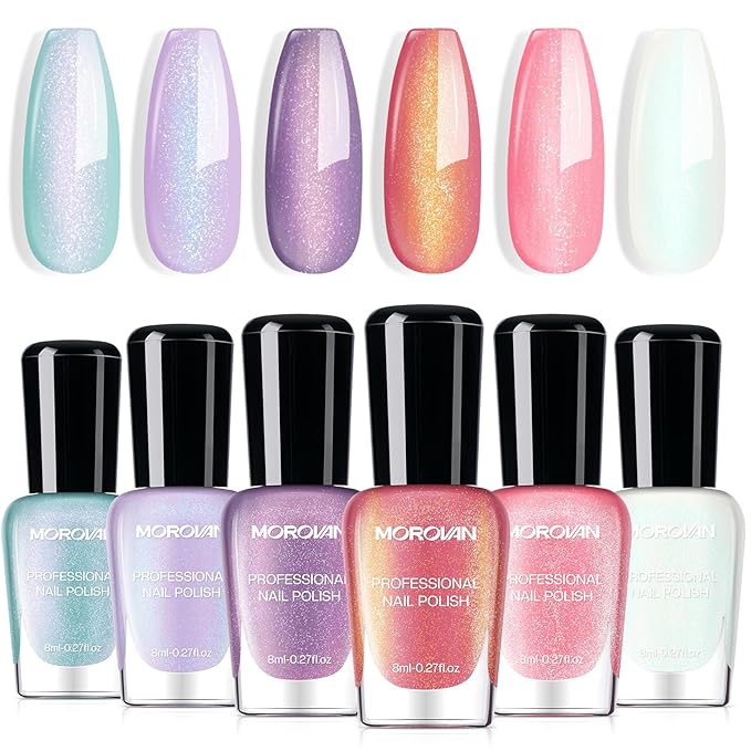 Morovan Pearl Nail Polish Set: Aurora Ombre Shimmer Iridescent Mermaid Spring Pastel Fingernail Polish Kit Blue Purple Pink Glitter Sparkle Quick Dry Nail Art Design Gift for Women Girls
