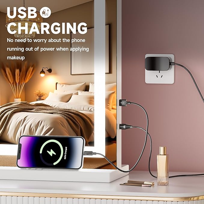 Vanity Mirror with Lights, 28" x 20" LED Makeup Mirror with 10X Magnification, Dimmable 3 Modes, Memory Function, Smart Touch, USB Charging Port, Lighted Makeup Mirror Square White
