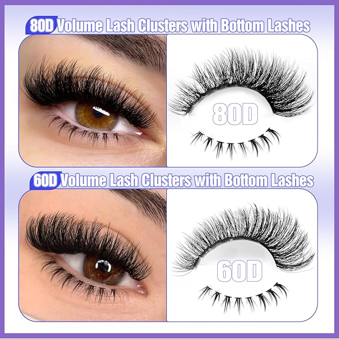 Yawamica Lash Clusters Kit DIY Lash Extension Kit with Bottom Lashes Fluffier Wispy Cluster Eyelash Extension 10-18MM 60D+80D Individual Lashes Kit with Lash Bond and Seal and Applicator for Beginners