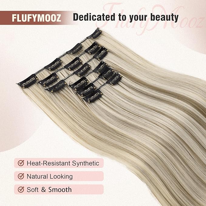 FLUFYMOOZ 6PC Clip in Hair Extensions 24" Straight Long Extensions for Women Synthetic Hairpiece (Ash Brown with Blonde Highlights)
