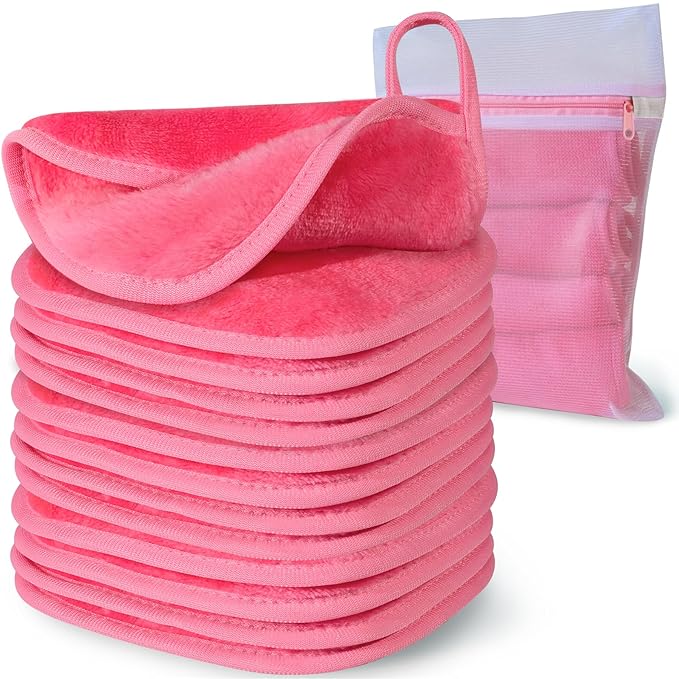 | Reusable Update Makeup Removing Microfiber Cloth for Sensitive Skin | Washable Makeup Remover Towels | Natural Facial Cleansing Towels (6”x 6”, 12 Pack/Pink)