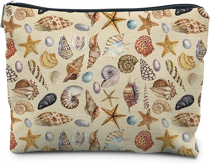 RYYCDOI Costal Beach Makeup Cosmetic Bag for Women - Women's Beach Gifts, Seashell Starfish Beachy Small Makeup Bag Pouch for Purse