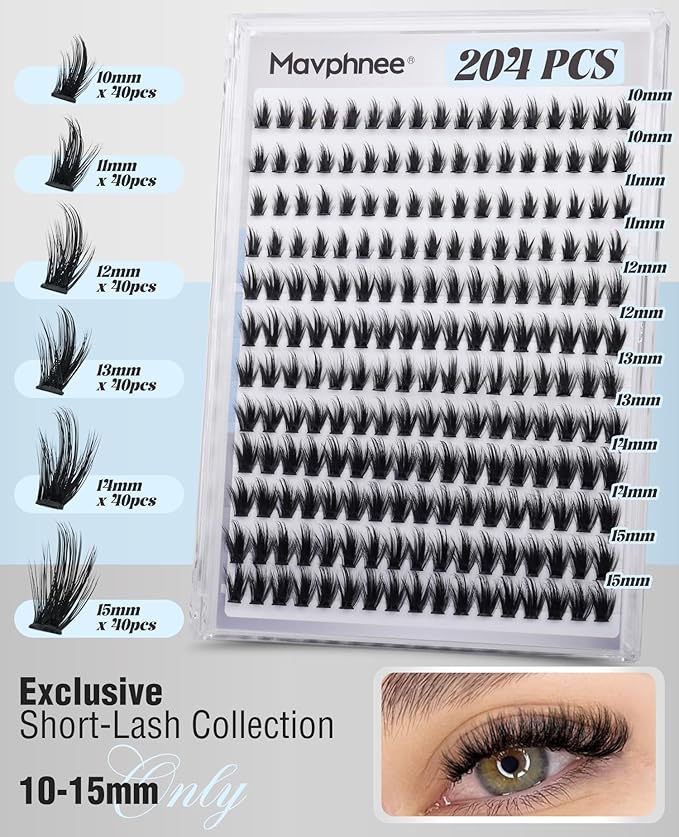 Natural Hybrid Lash Clusters 10-15MM Cluster Lashes Fluffy Eyelash Extensions Wispy Faux Mink Lashes Clusters Soft Individual Lashes 204Pcs Eyelash Clusters D Curve DIY Lashes Clusters