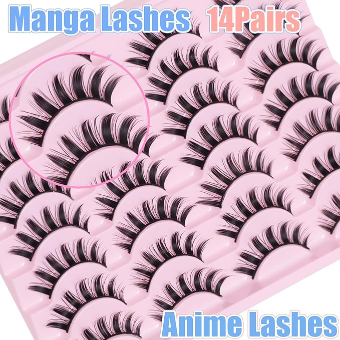 Manga Anime False Eyelashes 14 Pairs, Japanese Style Doll Eye & Spiky 8D Wispy Lashes, 16MM Dramatic Thick Faux Mink for Cosplay, Theatrical Makeup & J-Fashion