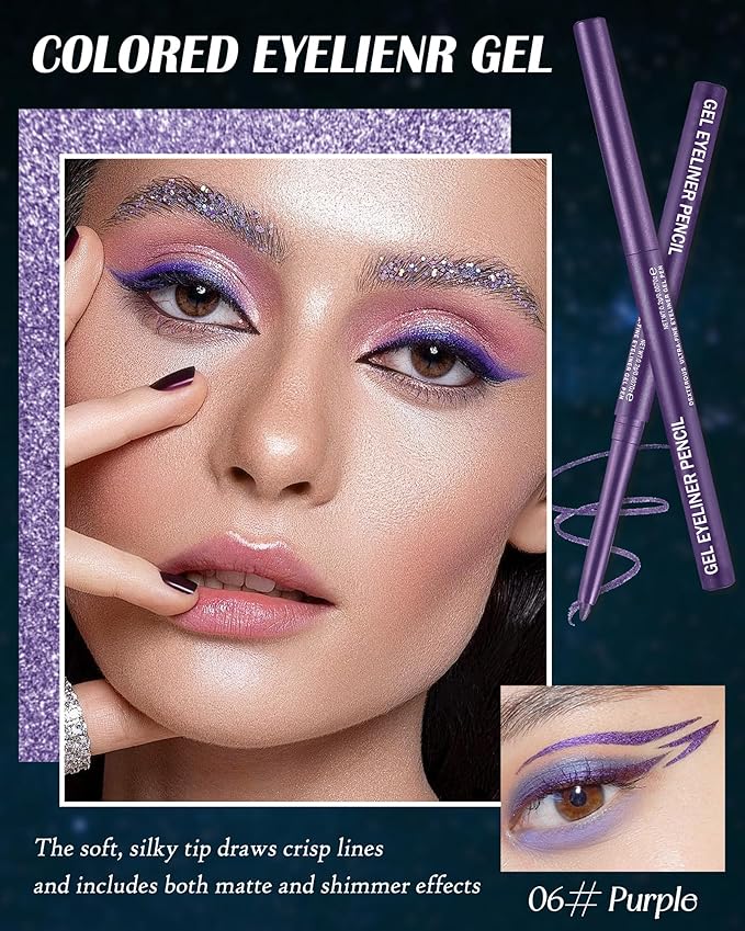 Purple Glitter Gel Eyeliner Pencil Waterproof, Metallic Retractable Cream Smooth Eye Liner Pencils, Long Lasting Waterline Hypoallergenic Precision Eyeliner Pencil, Smudge-Proof Makeup for Women-06