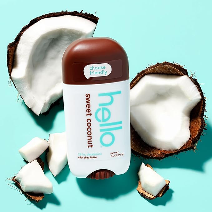 hello Sweet Coconut Aluminum Free Deodorant for Women and Men with Shea Butter, 24-Hour Freshness, Baking Soda Free Deodorant, Dermatologically Tested, 2.6 oz Stick (2 Pack)