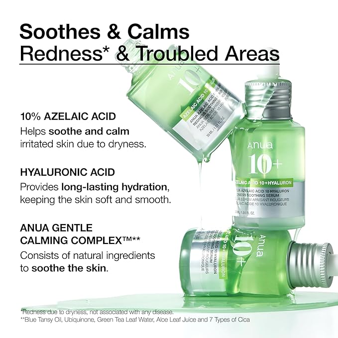 Anua Azelaic Acid 10 Hyaluron Redness Soothing Serum, Facial Serum for Blemish-Prone & Sensitive Skin, Lightweight & Hydrating Blemish Care, Hyaluronic Acid, Korean Skincare, 1.01 fl oz.