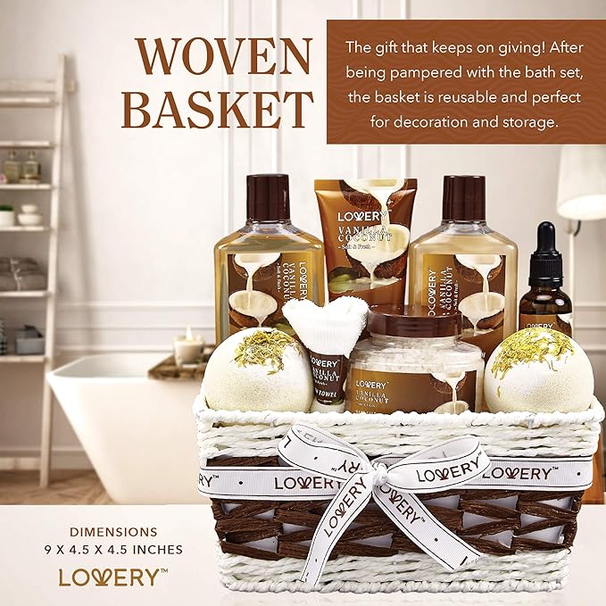 Gifts For Women Gift Basket for Women– 9 Piece Set of Vanilla Coconut Home Spa Set, Luxurious Valentines Day Gifts for Her, Bath and Body Sets Includes Fragrant Lotions, Large Bath Bombs, Coconut Oil