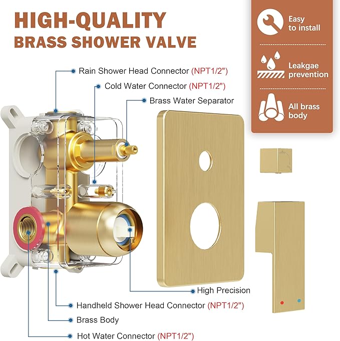 HoliSpa Gold Shower System, Shower Faucet Set with 10-Inch Rain Showerhead and Handheld Spray, Wall Mounted High-Pressure Showerhead Combo Set Included Valve and Trim, Brushed Gold