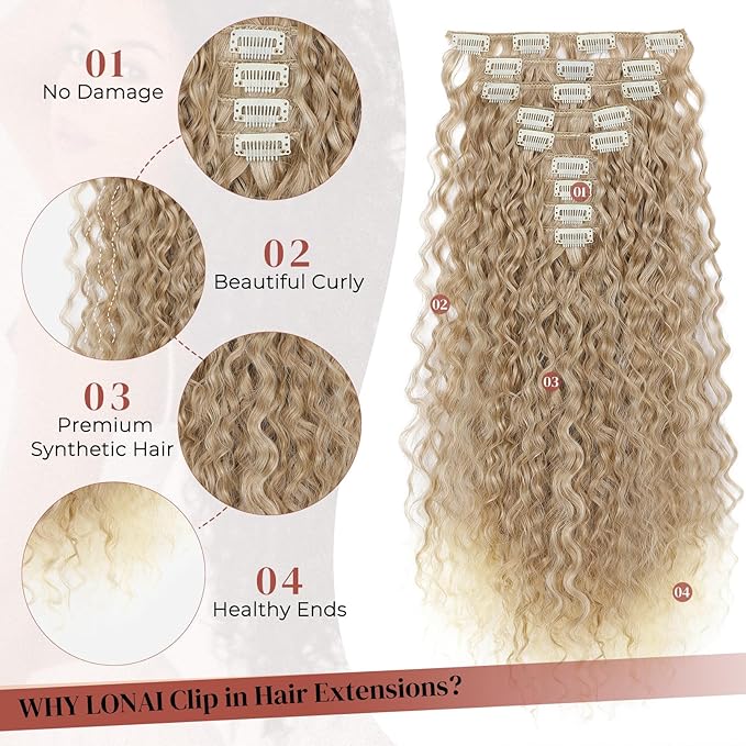 LONAI Hair Extension,9PCS Brown 22" Curly Clip in Hair Extensions LN002 Long Soft Thick Synthetic Hairpieces for Women-Blonde to Light Blonde
