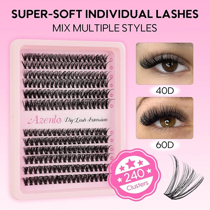 Lash Extensions 40D+60D Cluster 240pcs DIY Lash Clusters 10-16mm Eyelash Clusters Individual Think Band Lash Kit (40D+60D Kit)