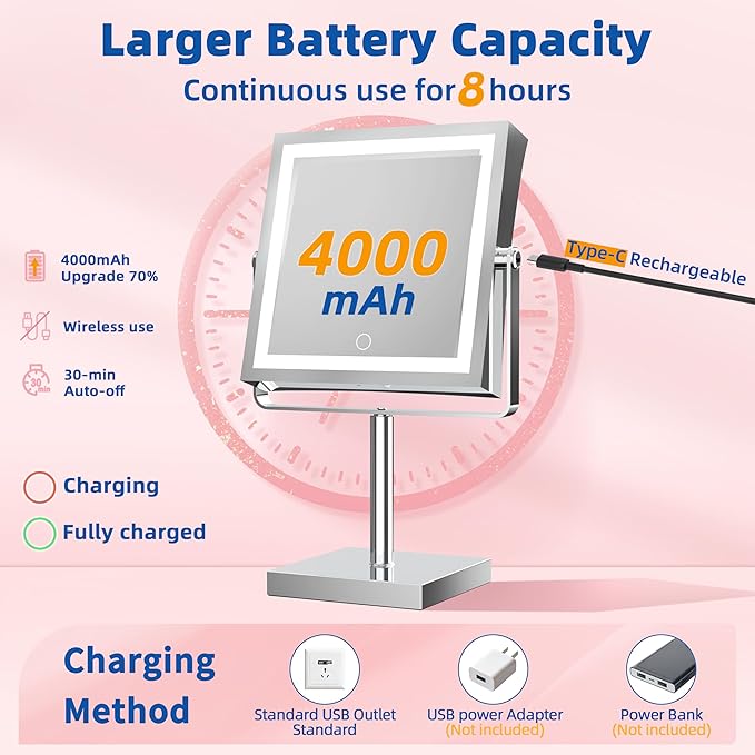 Ruacq Rechargeable Makeup Mirror, 4000mAh Lighted Makeup Mirror with Magnification 1X/10X, Height Adjustable Vanity Mirror with Lights, 3 Color Lights, Adjustable Brightness, 360°Rotation (Chrome)