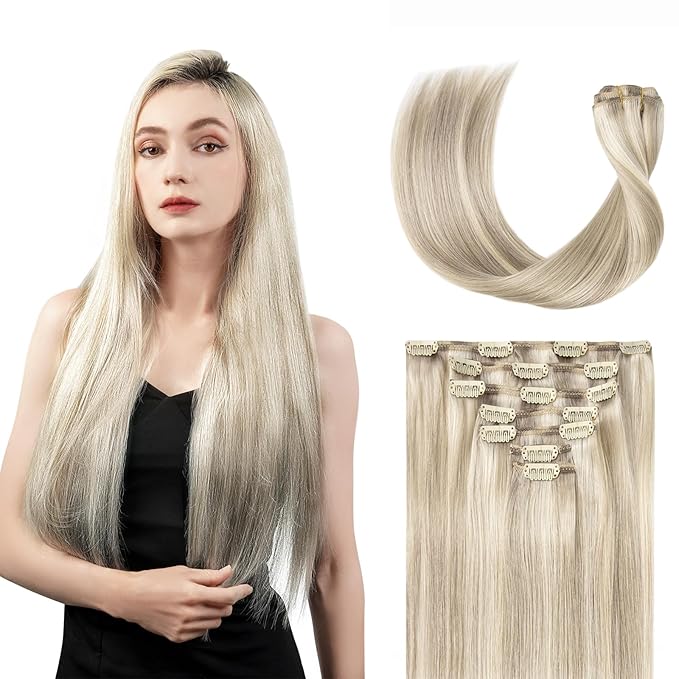 Clip in Hair Extensions Real Human Hair, Remy Hair Extensions Clip In Human Hair Thick and Silky, Ash Blonde Highlighted Platinum Blonde #P17A/60A 22Inch 120G 7PCS