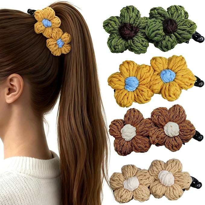 4Pcs Knitted Large Flower Banana Hair Claw Clips, Boho Yarn Hair Accessories for Women Girls, Non-Slip Floral Hair Jaw Clamps for Thick/Medium/Thin Hair, Cute Banana Hair Clips for Daily decoration