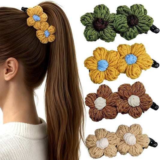 4Pcs Knitted Large Flower Banana Hair Claw Clips, Boho Yarn Hair Accessories for Women Girls, Non-Slip Floral Hair Jaw Clamps for Thick/Medium/Thin Hair, Cute Banana Hair Clips for Daily decoration