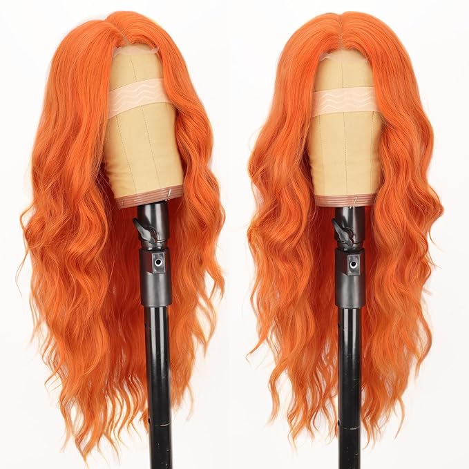 AISI HAIR Orange Wig for Women, Long Wavy Lace Hairline Middle Part Synthetic Heat Resistant Wig for Daily Party-26 Inch