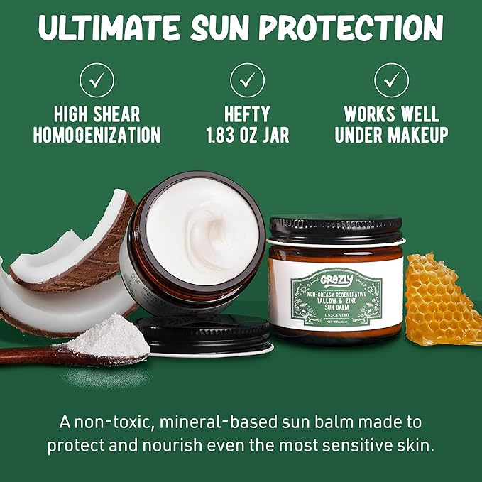 Grazly Beef Tallow Sunscreen SPF 35 – Unscented Water Resistant Zinc Sun Balm, Non-Greasy Natural Sunscreen for Face & Body – 4 Natural Ingredients: Non-Nano Zinc, Organic Coconut Oil, Beeswax- 1.8 oz