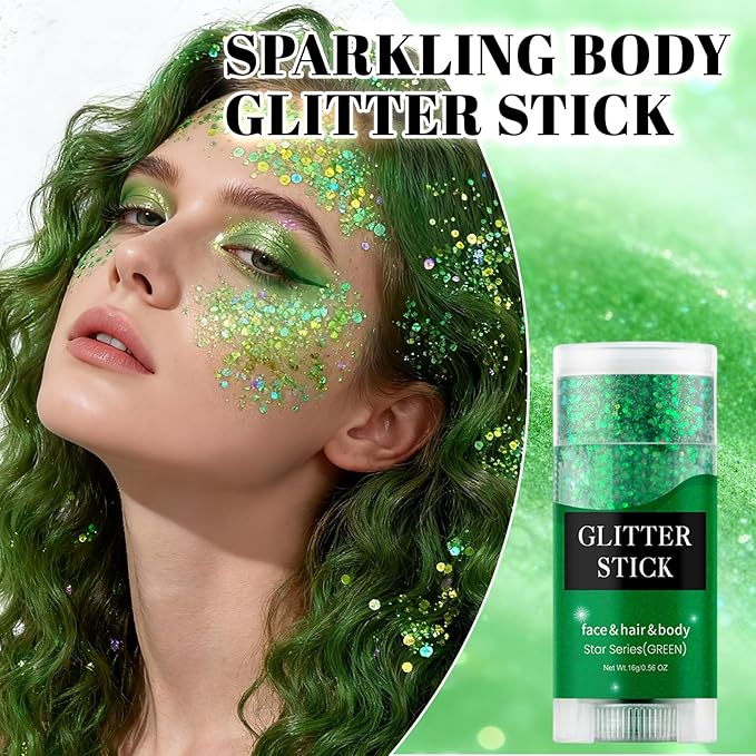 Face Body Glitter Stick,Holographic Sparkle Waterproof Hair Glitter Stick for Kids and Women for Party Singer Concert Rave Festival. (Green)
