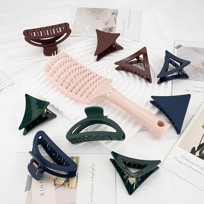 Bold Tones Hair Accessories Set - 9 Medium Hair Clips (Arched & Triangle), 1 Hair Brush | Non-Slip Hair Clips for Thin Hair (Burgundy, Navy, Forest Green)