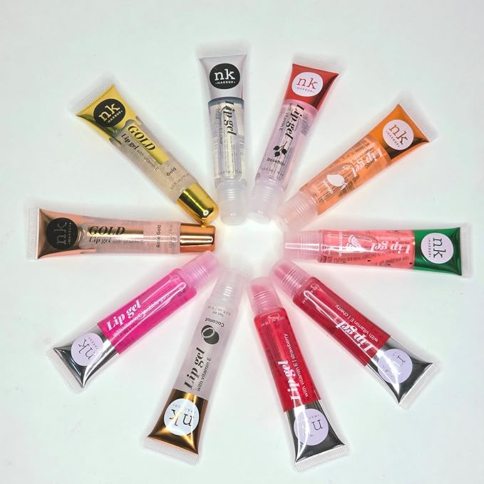 Bundle of 10 Lip Glosses - Gold, Rose Gold, Clear, Rosehip, Coconut, Watermelon, Mango, Strawberry, Bubble Gum, and Cherry Hydrating Lip Glosses with Vitamin E with a Glossy Finish