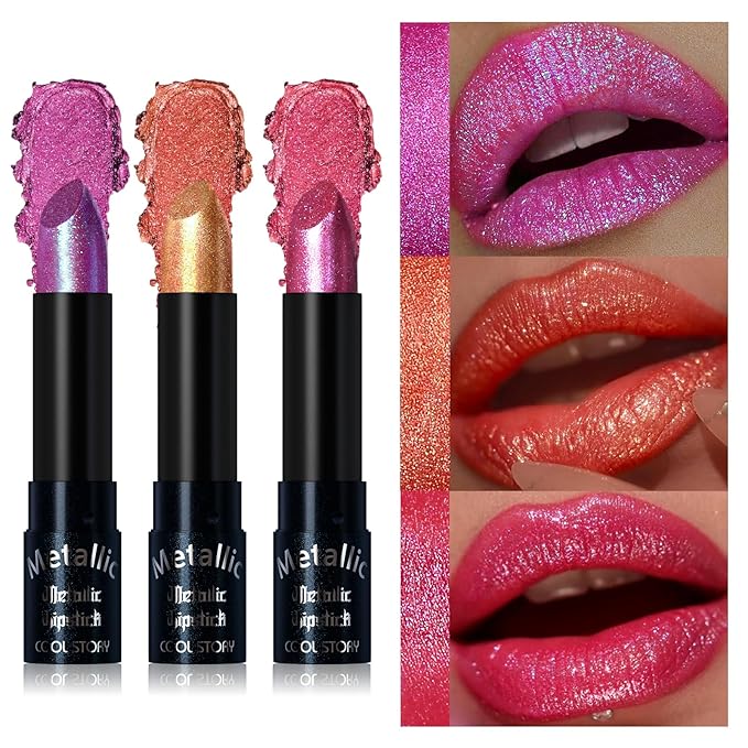 Metallic Glitter Lipstick Set Shimmering Colors Long Lasting Waterproof Plump Matte Moisturizing (Set-C)