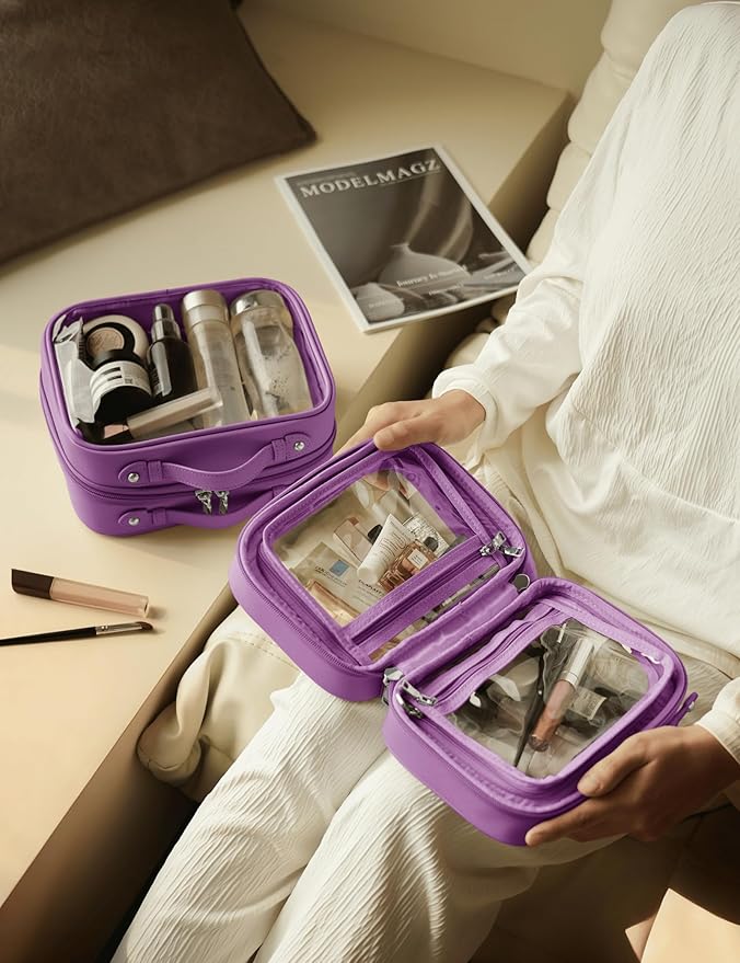 Oaque Clear Cosmetic Bag Double Layer Travel Toiletry Bag Clear Makeup Bag Case with 4 Compartments, Transparent Travel Bag for Toiletries, Large Toiletry Bag for Women Cosmetic Case (Purple, Small)
