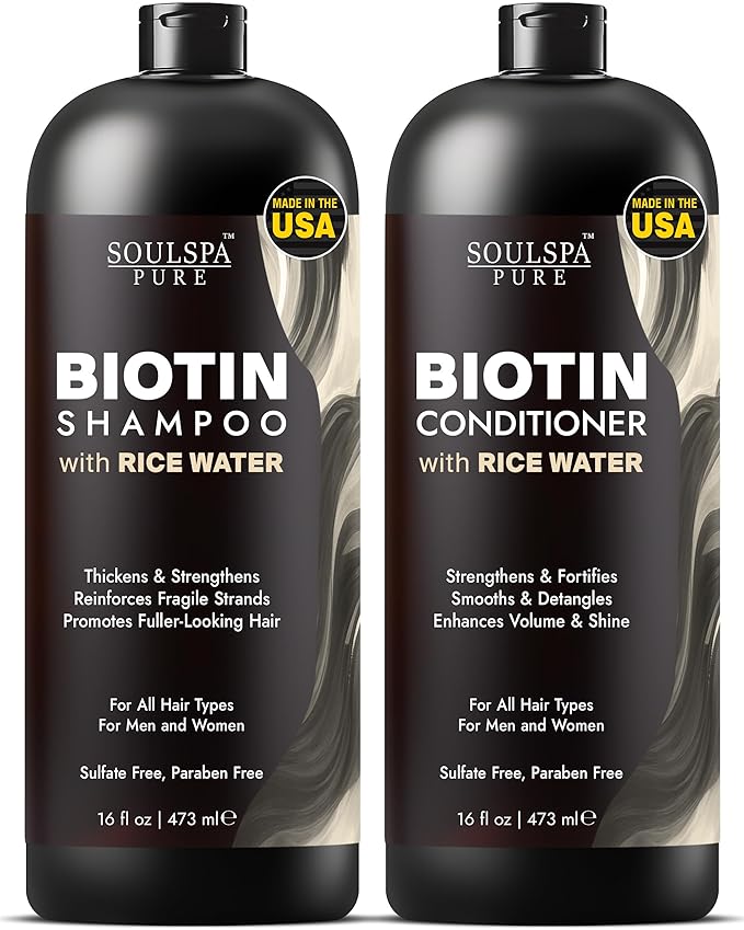 Biotin Shampoo and Conditioner Set with Rice Water & Rice Protein | Sulfate Free Hair Growth & Thickening Set for Thinning Hair for Men & Women 16 floz each - SOULSPA PURE