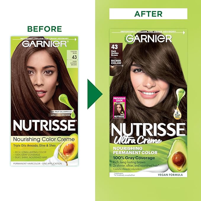 Garnier Hair Color Nutrisse Nourishing Creme, 43 Dark Golden Brown (Cocoa Bean) Permanent Hair Dye, 1 Count (Packaging May Vary) (Pack of 2)