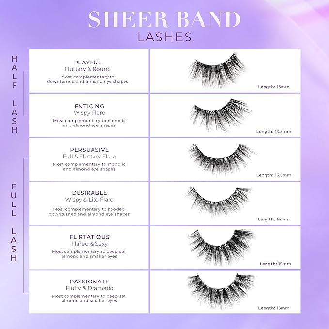 Lilly Lashes Sheer Band, False Eyelashes w/Invisible Band Lashes, Half Lashes Natural Look, Half Lash Cateye Style, Clear Band Lashes, Reusable Eyelashes 20x, Lash Glue not Included, 13mm (Playful)