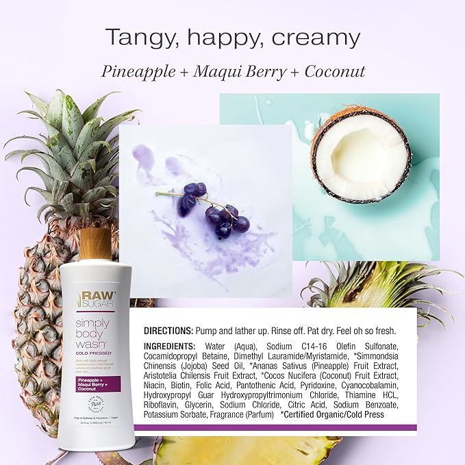 RAW SUGAR Pineapple Maqui Berry Reviver Gentle & Hydrating Body Wash, 20 Fl Oz (Pack of 3), Moisturizing & Smoothing Bath & Shower Gel, Vegan, Formulated without SLS/SLES & Parabens