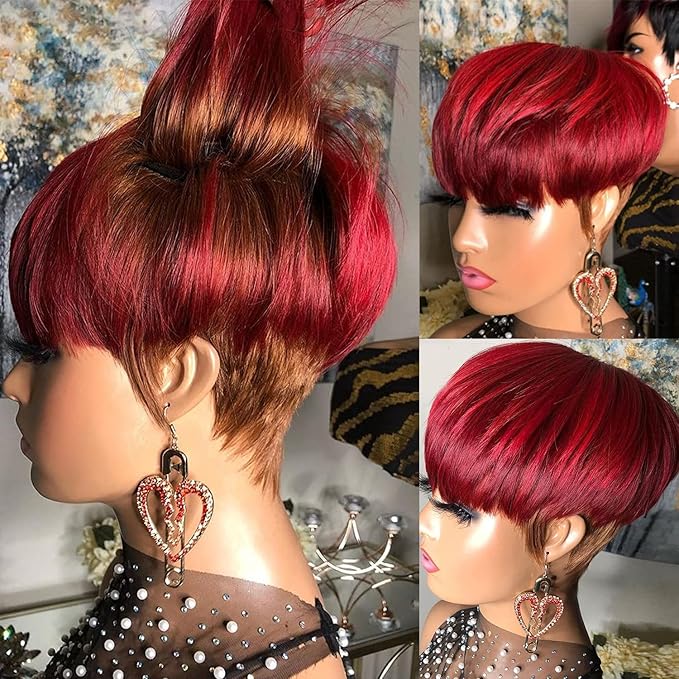 Short Pixie Cut Wig for Black women Human Hair glueless wig for women Burgundy Red with Brown Colored Brazilian Virgin Human Hair Short Layered Wavy Non Lace Front Wigs with Bangs
