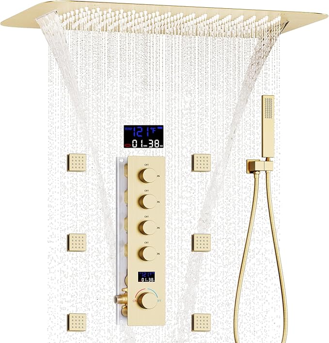 AYIVG Brushed Gold Thermostatic Rainfall Full Body Shower System With 2 In 1 Waterfall Rainfall Ceiling Mount 16 X 24 Inch Rain Shower Head 6 Jets Temperature Display Shower Faucet Set