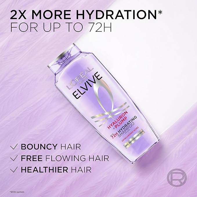 L'Oreal Paris Elvive Hyaluron Plump Hydrating Shampoo for Dehydrated, Dry Hair Infused with Hyaluronic Acid Care Complex, Paraben-Free, 12.6 Fl Oz