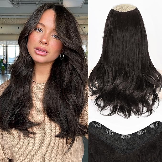 ALXNAN Long Wavy Layered Hair Extensions for Women, Clip in Hair Extensions Clip Ins Soft Full Head Synthetic Hairpieces 16 Inch Natural Black
