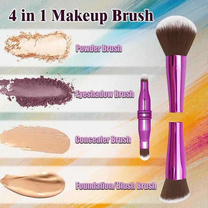 Zylsnice 4 in 1 Makeup Brush Set, Travel Makeup Brushes with Case, Mini Makeup Brushes, Powder, Foundation, Concealer, Eyeshadow, Dual Ended, Synthetic Bristles, Purple
