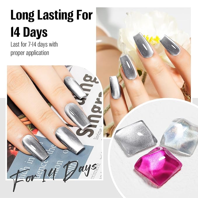 Cat Eye Nail Polish Silver 15ml, Quick Drying Nails Polish with Magnet Regular Cateye Air Dry Oil-Base Glossy Magnetic Nail Polish Non Gel for Ladies