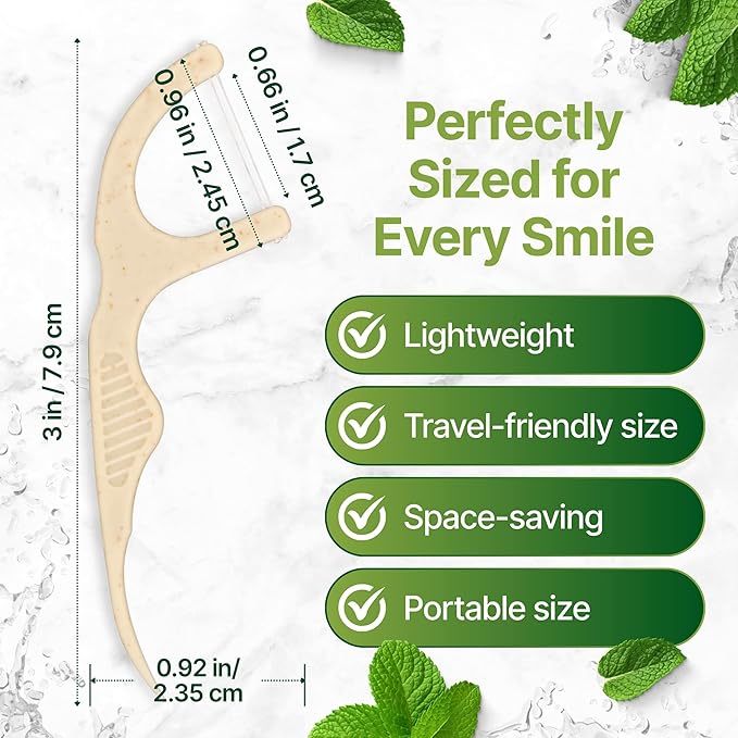 Double Thread Biodegradable Floss Picks (200-Count) - Mint Flavoured Eco-Friendly Plant-Based Dental Flossers for Tight Teeth - Plastic-Free Floss with Ergonomic Design for Sensitive Gums