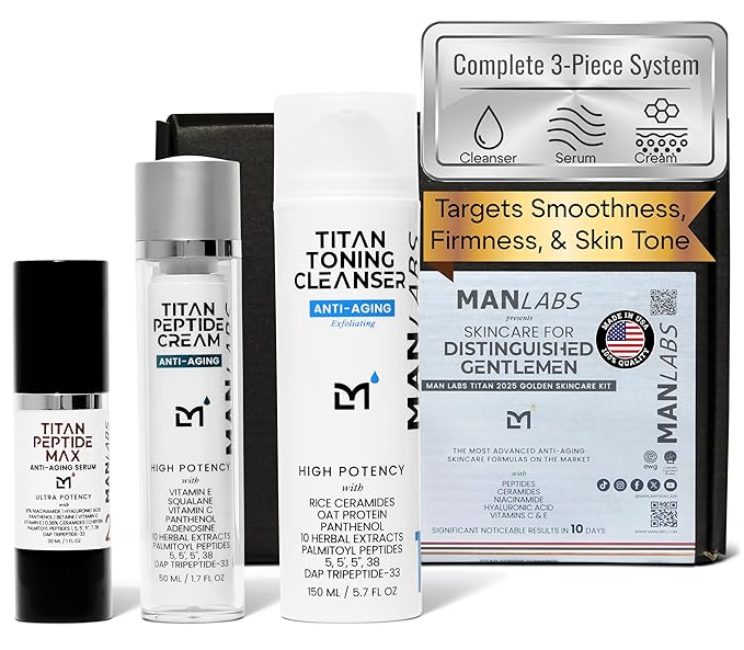 Man Labs Titan Peptide 3-Piece Anti-Aging Mens Skin Care Kit – Wash, Face Serum, Mens Face Moisturizer – Men, Skin Care Set – Dark Spots, Wrinkles, Fine Lines – Vitamin C, Niacinamide, HA – Unscented