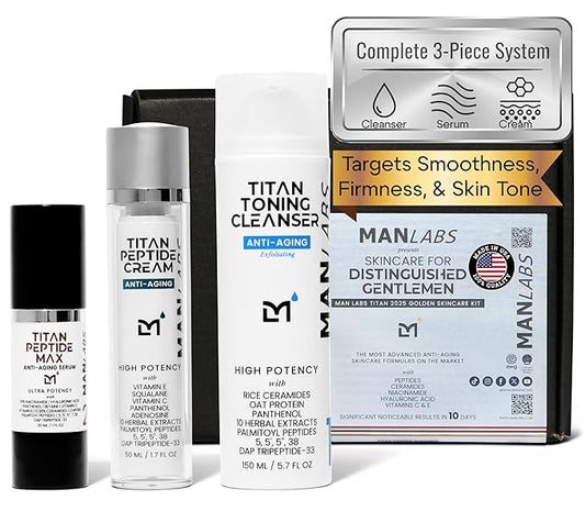 Man Labs Titan Peptide 3-Piece Anti-Aging Mens Skin Care Kit – Wash, Face Serum, Mens Face Moisturizer – Men, Skin Care Set – Dark Spots, Wrinkles, Fine Lines – Vitamin C, Niacinamide, HA – Unscented