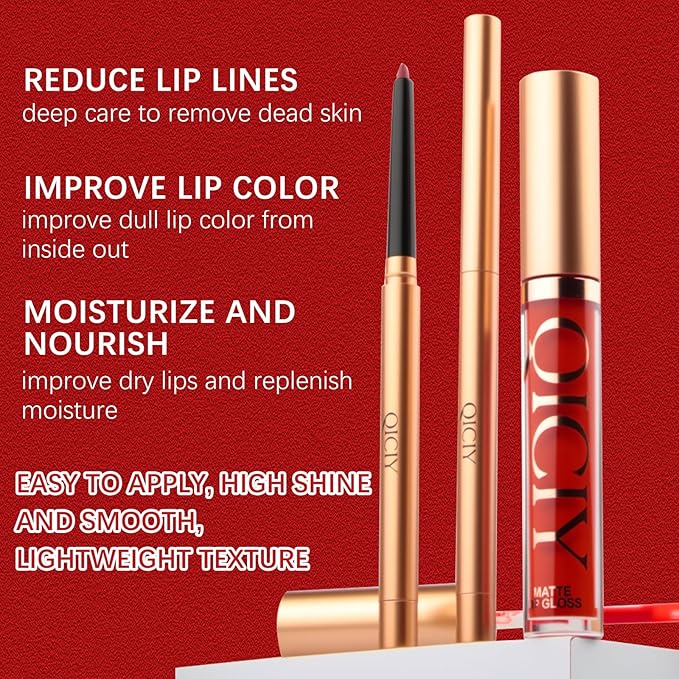 QueenDiary Lip Gloss and Liner Makeup Set, Lifter Gloss and Lifter Liner in Petal and Line Leader Shades (Natural and fresh)