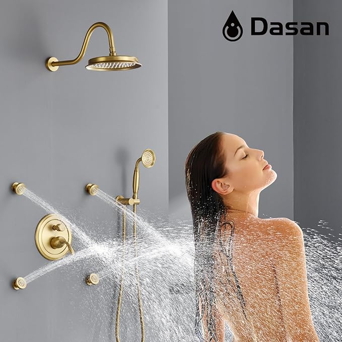 DASAN Antique Shower Faucet Sets Complete Rain Shower System in Wall with Body Shower Spray Jets, Brushed Gold Shower Fixtures with 9'' Rainfall Overhead Shower, Handheld, Valve & Trim Kit, AT249W-BTG
