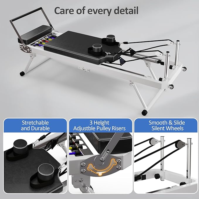 Pilates Reformer Machine, Foldable Pilates Equipment for Home Use and Gym Workout, Adjustable Resistance, 330 lbs Weight Capacity, for Advanced and Beginners Users