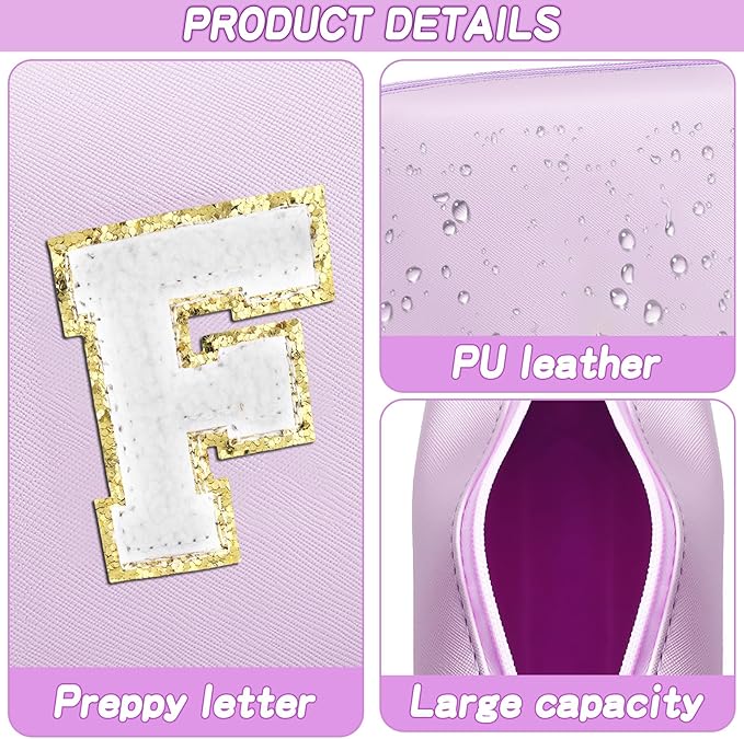 URSKYTOUS Gifts for Girls Initial Makeup Bag Personalized Cosmetic Bag with Zipper Cute Travel Toiletry Bag Waterproof PU Preppy Makeup Pouch Birthday Gift for Teen Girls Women(Purple F)