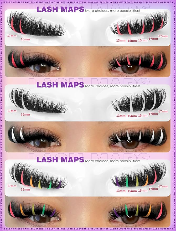 EYDEVRO Colored Lash Clusters with Spikes 100D Volume Eyelash Clusters 10-18mm Mixed Lengths Colorful Cluster Eyelash Extensions Spiky Pink Orange Yellow Green White Purple Cluster Lashes