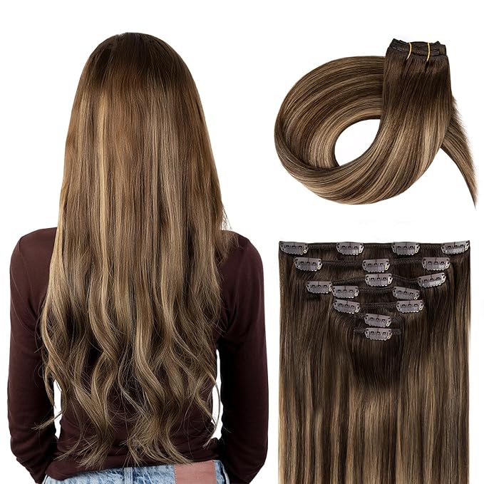 Clip in Hair Extensions Real Human Hair, Invisible Clip In Hair Extensions 100% Human Hair, Balayage Chocolate Brown to Caramel Blonde #4TP27/4 20Inch 120G 7PCS